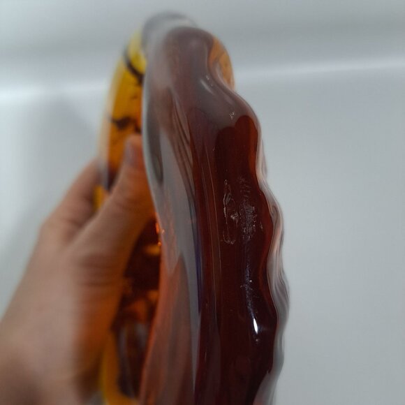 Blenko Free Form Ashtray 6.5"x 2"  Amber Art Glass Heavy Modernist Amoeba Blob - Picture 15 of 16